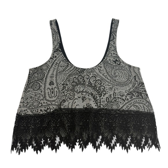 Free People Tops - Free People Gray/Black Paisley Crochet Lace Crop Top Sheer Scoop Neck XS